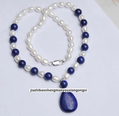  Collana con ciondolo perle Akoya bianche naturali 7-8 mm e lapislazzuli 18" AAA - Immagine 1 di 4