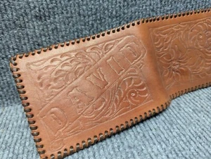 Vintage verzierte braune Leder-Geldbörse mit Klapppeitschenstichrand Dave David - Bild 1 von 6