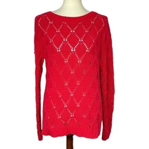 Tommy Hilfiger Sweater Womens Large Red Open Weave Knit 100% Cotton Crewneck - Picture 1 of 11