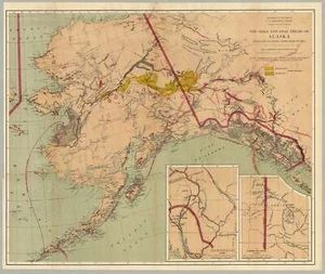 Mappa dei campi d'oro dell'Alaska e dei loro percorsi, con testo. 1898 - Foto 1 di 3