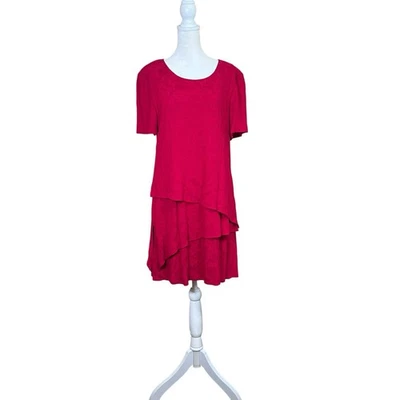 DE COLECCIÓN S.L. Vestido Midi Petites Rojo con Volantes en Niveles Gauzy Floral Modesto Talla 8P Hecho en EE. UU. Foto 1 de 4