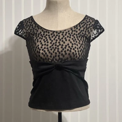 De Colección Charlotte Russe Negro Malla Lunares Moño Top Talla M Retro Gótico Coqueta Y2K Foto 1 de 4