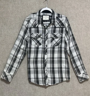 Camisa BKE Vintage Para Hombre Mediana Negra Gris Blanca Franela a Cuadros Perla Occidental A Presión Foto 1 de 4