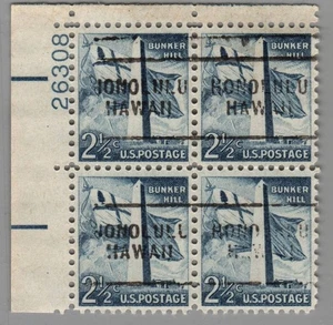 1034 Bunker Hill Plate Block Precancel From Honolulu Hawaii MNG TL #26308 - Picture 1 of 2