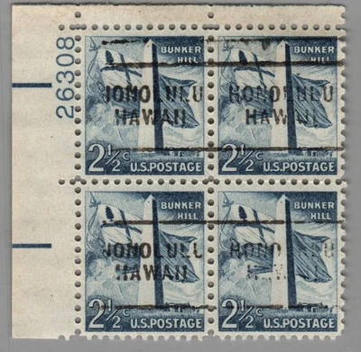 1034 Bunker Hill Plate Block Precancel From Honolulu Hawaii MNG TL #26308 - Image 1 of 2