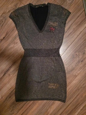 Vintage Ed Hardy Mini Dress Rising Phoenix Golden Shimmer Rhinestones Size S - image 1 of 4