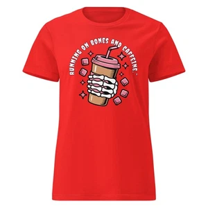 Women’s basic softstyle t-shirt RUNNING ON BONES AND CAFFEINE. - Picture 1 of 9