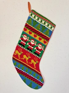 Vtg Christmas Stocking Wool Needlepoint Striped Fair Isle Santa Holidays - Picture 1 of 3