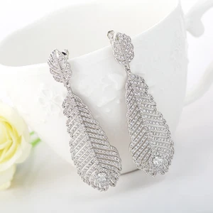 2.44 Ct Round Simulated Diamond Feather Dangle-Drop Earrings 925 Sterling Silver - Picture 1 of 5