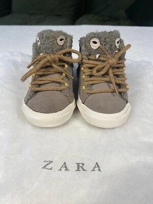 Zara Baby Boy Beige Gray Tweed Leather Boots Shoes Monster Face EU 18 US 3 - Image 1 of 4