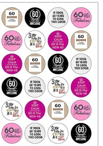 Cake Toppers Age 60 Sixty 60th Birthday 24 PRECUT Edible Wafer Paper Decorations - Imagen 1 de 8