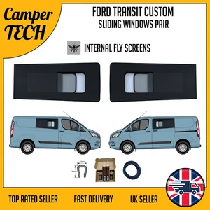 Ford Transit Custom 14-23 Sliding Windows with FLY-SCREENS - PAIR + Kit & U-Trim - Picture 1 of 6