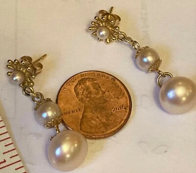 14k 黄金珍珠耳环 3 层米色珍珠吊灯悬垂 Beauy 1.5 升 — 第 1/4 张图片