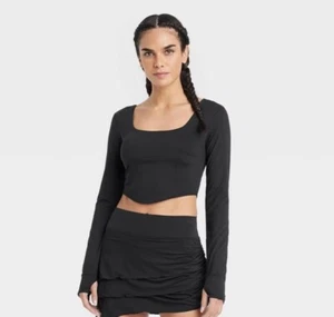 Joy Lab Square Neck Long Sleeve Top Womens Large Built-In Shelf Bra Black - Picture 1 of 12