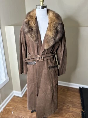 Brier Amsterdam Suede Leather Trench Coat Fox Fur Collar Jacket Belted 70s, 12 - Image 1 of 4