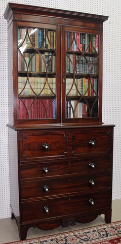 Antique American Federal Flame Mahogany Bookcase Secretary Ivory insets C1790 Cover