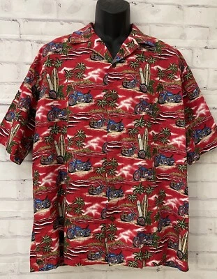 Camisa havaiana Hilo Hattie XL vermelha prancha de surf motocicleta palmeiras roupa resort - Imagem 1 de 4