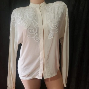 VTG MICHELLE STUART Silk Top WESTERN BUTTON SHIRT Floral Embroidered WOMENS MED - Picture 1 of 8