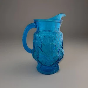 Vintage Anchor Hocking 1970’s Rain Flower Laser Blue Glass Pitcher 64 Oz Used - Picture 1 of 5
