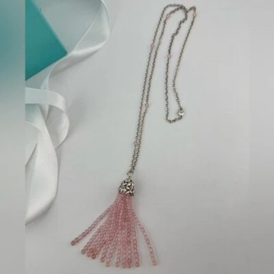 RARE Tiffany & Co. Olive Leaf Rose Quartz Tassel Necklace Sterling Silver 28" - Image 1 of 4