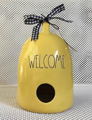 EXCELLENT ~ RAE DUNN WELCOME BIRDHOUSE ~ HTF DOME SHAPE ~ RIBBON & TAG ~ YELLOW Cover