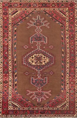 Vintage Geometric Brown/ Red Hamedan Area Rug 5'x7' Wool Hand-knotted Carpet - Image 1 of 4