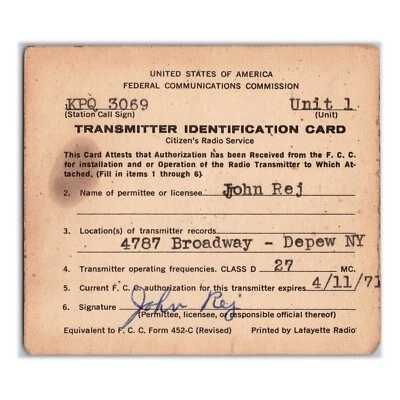 Vintage CB Radio Operator ID Card - Depew NY QSL Transmitter - 1970s FCC License - Image 1 of 2