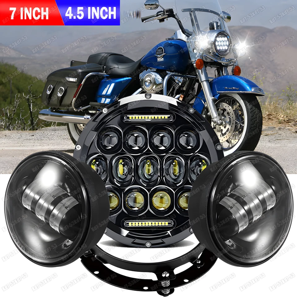 Farol LED Hi/Lo + 4,5" luzes de passagem para Harley-Davidson Road King FLHR 7" - Imagem 1 de 4