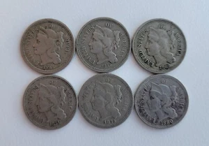 (6) Different 3-Cent Pieces (Nickel)- 1865, 1867, 1869, 1871, 1875, & RARE 1880! - Picture 1 of 2