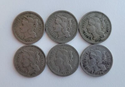 (6) Different 3-Cent Pieces (Nickel)- 1865, 1867, 1869, 1871, 1875, & RARE 1880! - Image 1 of 2