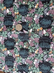 TELA DE ALGODÓN - CABALLO Y BUGGY "VINTAGE", FRUTAS Y FLORES EN NEGRO PORTY - Imagen 1 de 2