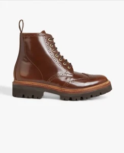 GRENSON *RARE*Emmaline Tobacco Perforated Glossed-Leather Combat Boots Size 8.5M - Picture 1 of 18
