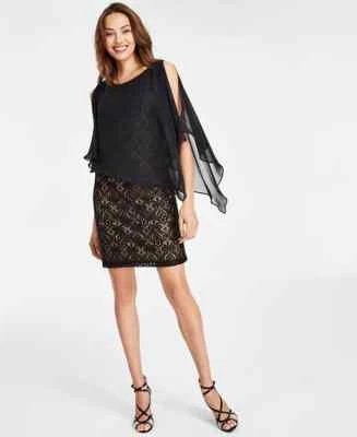 Connected Apparel Lace Cold-Shoulder Cape Dress - Black/Gold - SZ 4 - Image 1 of 4