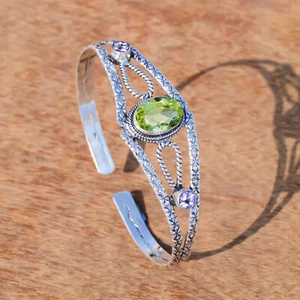 Faceted Peridot & Amethyst Cut Gemstone 925 Sterling Silver Latest Art Bracelet - Picture 1 of 7