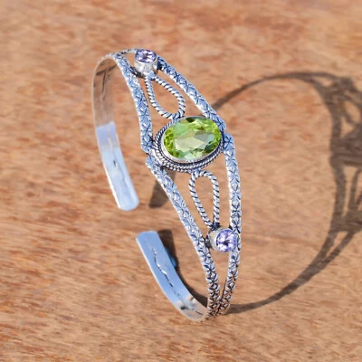 Faceted Peridot & Amethyst Cut Gemstone 925 Sterling Silver Latest Art Bracelet - Image 1 of 4