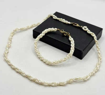 Echtes Süßwasserperlen Schmuck Set Halskette & Armband cremeweiß elegant - Bild 1 von 4
