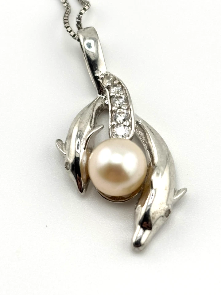 Collar colgante vintage MOTA 925 plata esterlina doble perla cultivada de delfín circonita cúbica Foto 1 de 4