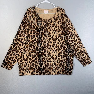 Quacker Factory Womens Cardigan 2X Brown Leopard Sweater Embellished Rhinestone - Picture 1 of 12