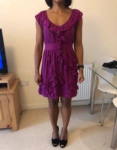 Dark pink silk dress with v-neck & ruffles - Size 8 - BNWT from Warehouse - Picture 1 of 7