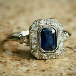 3Ct Emerald Cut VVS1/D Diamond Blue Art Deco Engagement Ring 14K White Gold Over - Picture 1 of 9