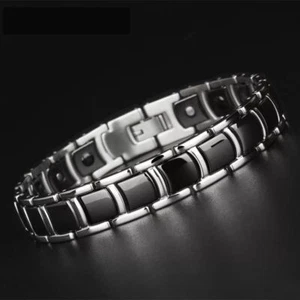 Men Women Silver Tungsten Black Ceramic Magnetic Link Chain Bracelet Xmas Gift - Picture 1 of 8
