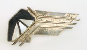VINTAGE BEAUTIFUL STERLING SILVER ONYX MOTHER OF PEARL INLAY MODERNIST BROOCH - Picture 1 of 2
