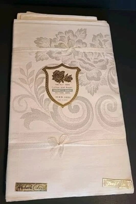 Vintage Ivory Damask Table Cloth 60” x 90” with 8 Napkins Bara Patern Never used - Image 1 of 4