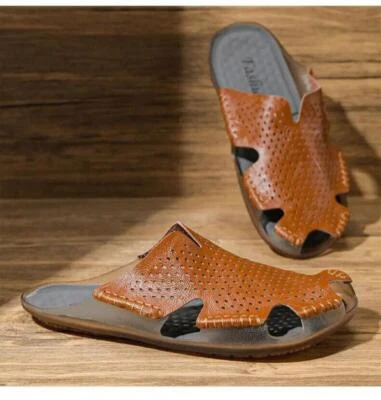 Sandalias para hombre punta cerrada recortadas imitación cuero pantuflas planas informales zapatos de verano Foto 1 de 4