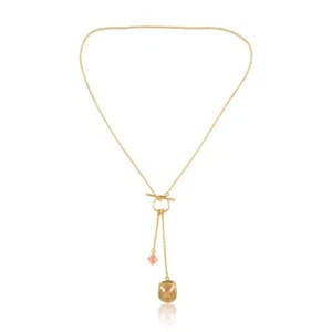 Gold Plated Cross Shape Chain Pendant Necklace With Rose Chalcedony Gemstone - Picture 1 of 4