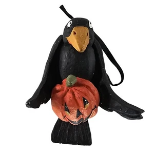 House Of Hatten Halloween Crow Holding Pumpkin Ornament Figurine Folk Art - Picture 1 of 9