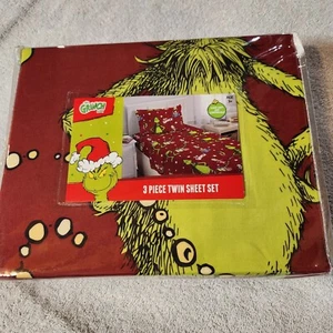 Dr. Seuss Grinch 4pc Twin Sheet Set Christmas Holiday Flat Fitted Pillowcase New - Picture 1 of 11