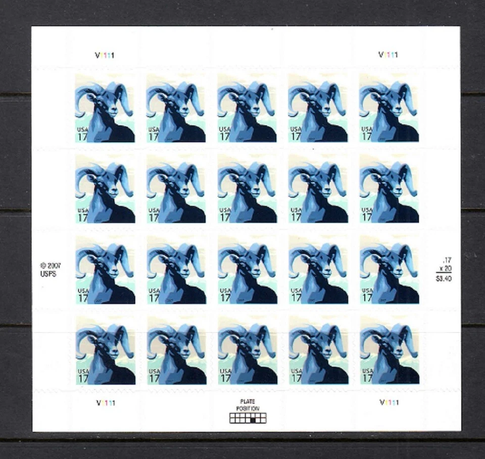 USA PANE SC# 4138 BIGHORN SHEEP 17c. - PANE OF 20 S.A.MNH PL# V1111 - Image 1 of 1