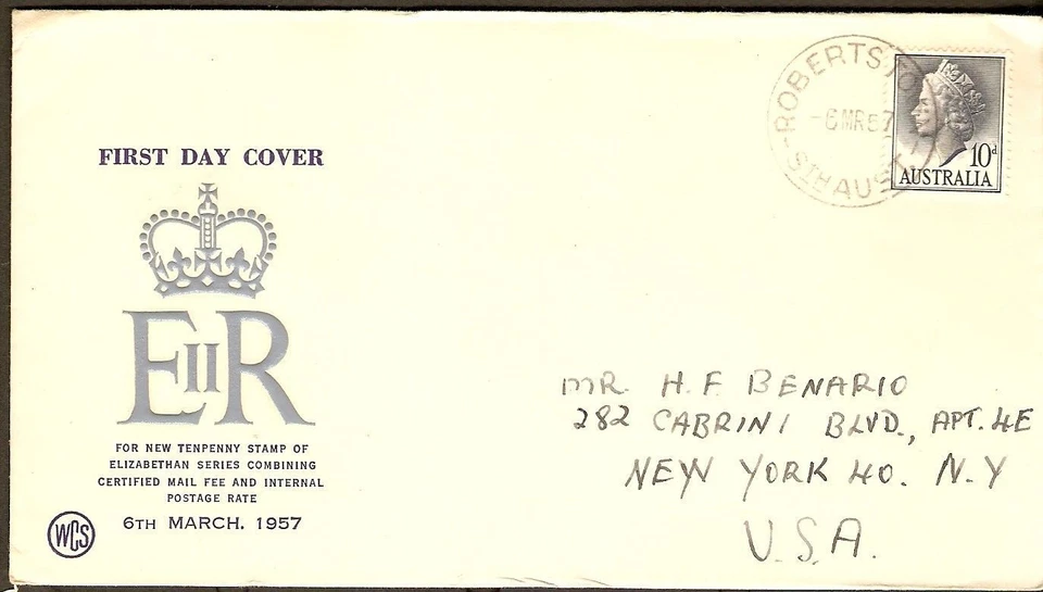 1957 10d Blue QEII Queen Elizabeth Australia WCS FDC Cover to New York US / USA - Image 1 of 1