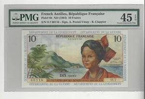 1964 French Antilles.,10 Francs Pick#8b SN# O.7 60116 PMG EF-45 - Picture 1 of 2